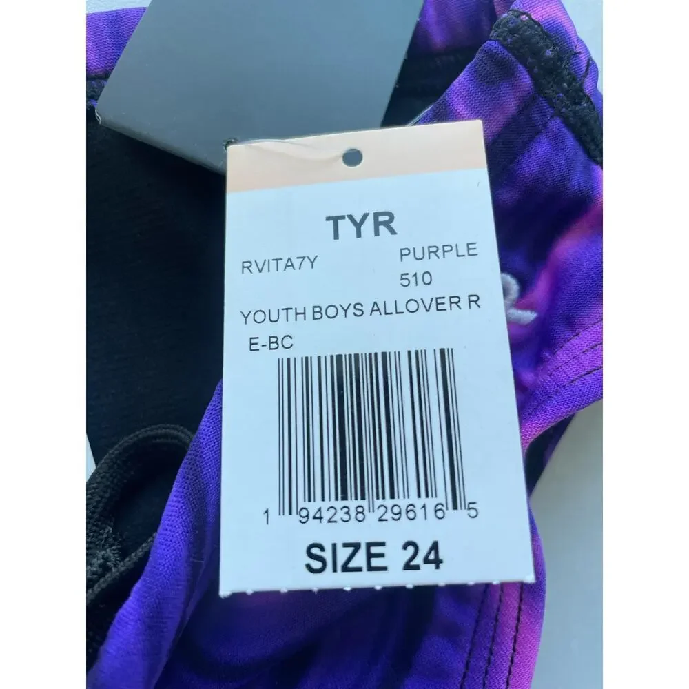TYR Boys Tyreco Durafast Elite Racer Brief Swimsuit Allover Print Purple Size 24